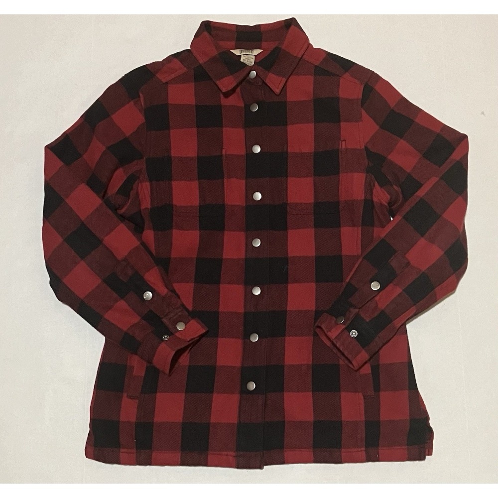 Duluth Trading Red Plaid Flannel Quilt Lined Snap JACKET Size Small Heavyweight